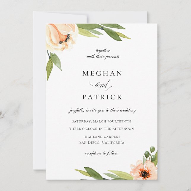 Invitación Elegante Boda Floral de Peach (Anverso)