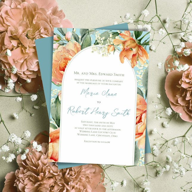 Invitación Elegante Boda Floral de Peach Boho Arch (Wedding beautiful peach floral invitations. )