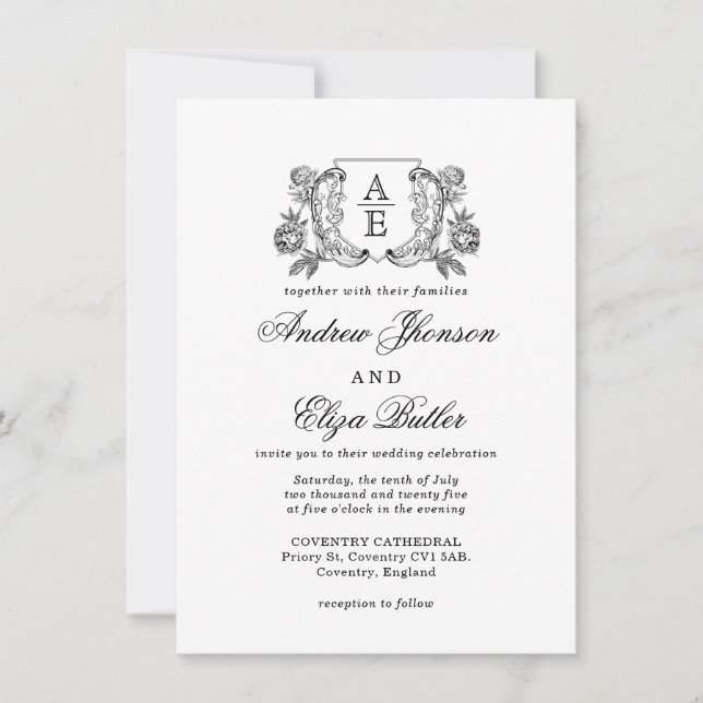 Invitación Elegante Boda floral de Peones Blanco y Negro (Anverso)