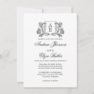 Invitación Elegante Boda floral de Peones Blanco y Negro