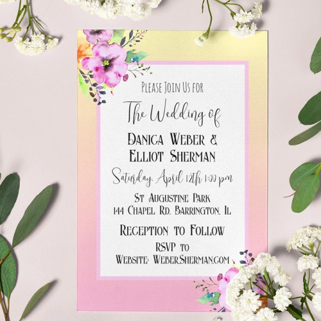 Invitación Elegante Boda floral de Petunias rosadas y amarill (Subido por el creador)