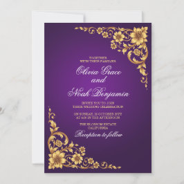 Invitación Elegante Boda Floral de Púrpura Real y Dorado