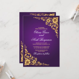 Invitación Elegante Boda Floral de Púrpura Real y Dorado
