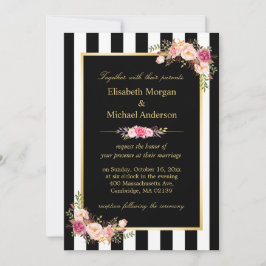Invitación Elegante Boda floral de rayas blancas negras dorad