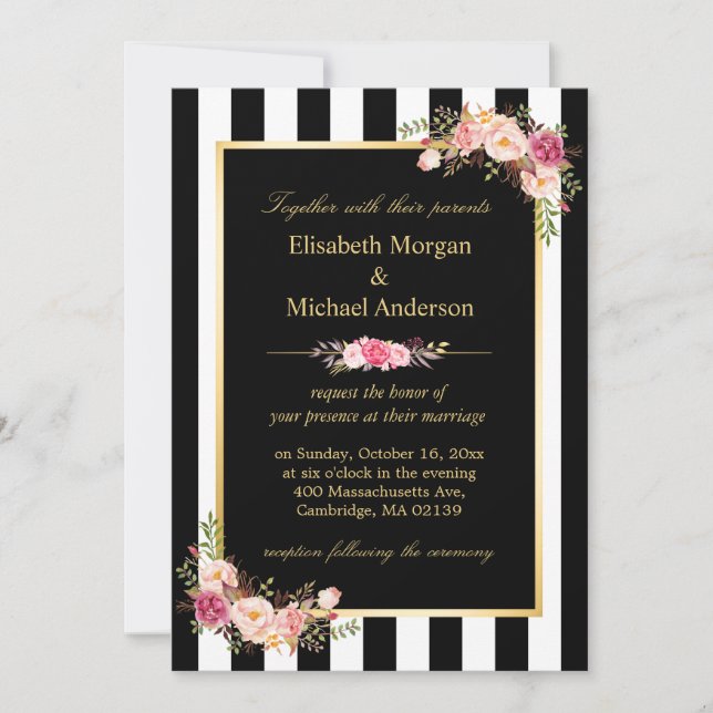 Invitación Elegante Boda floral de rayas blancas negras dorad (Anverso)