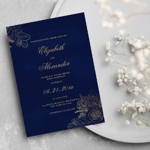 Invitación Elegante boda floral de Relieve metalizado dorado 