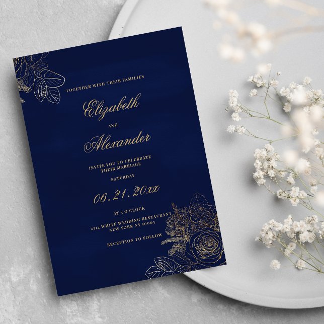 Invitación Elegante boda floral de Relieve metalizado dorado  (Elegant classic navy blue gold foil floral wedding)