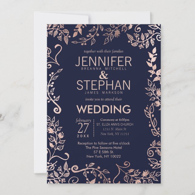 Invitación Elegante boda floral de Rosa azul de la marina (Anverso)