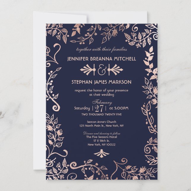 Invitación Elegante boda floral de Rosa azul de la marina inv (Anverso)