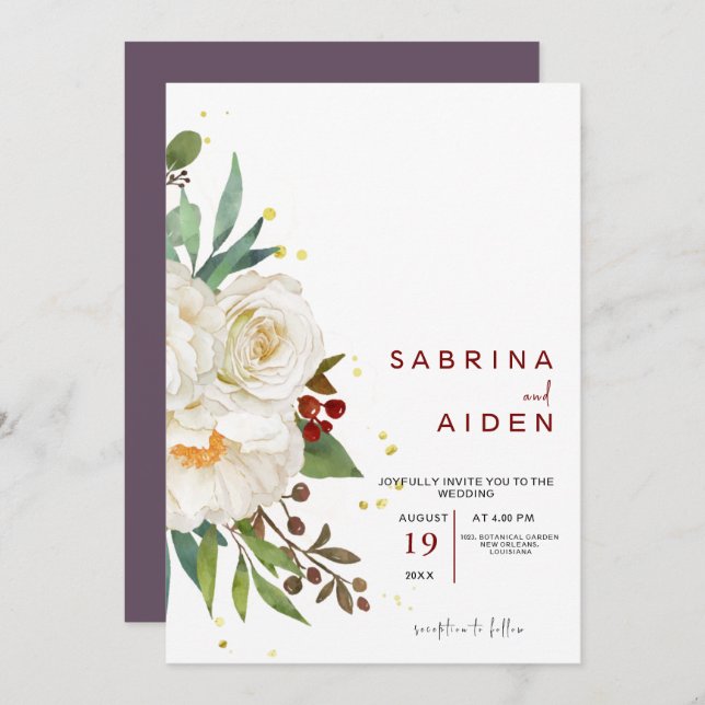 Invitación Elegante Boda floral de rosa blanca natural Peony (Anverso / Reverso)