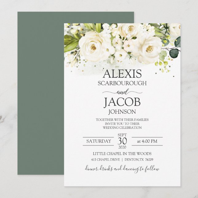 Invitación Elegante Boda Floral de Rosa Blanca y Oro (Anverso / Reverso)