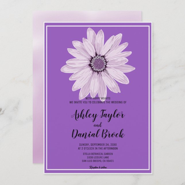 Invitación Elegante Boda floral de rosa blanco morado en (Anverso / Reverso)