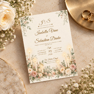 Invitación Elegante Boda Floral de Rosa Claro con Velas