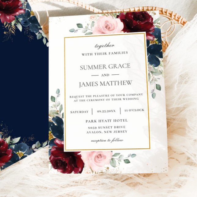 Invitación Elegante Boda floral de Rosas azules de Rubor en B (Subido por el creador)
