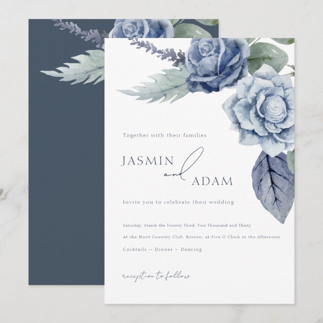 Invitación Elegante Boda floral de Rosas azules reales (Anverso / Reverso)