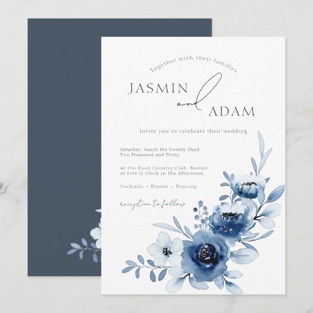 Invitación Elegante Boda floral de Rosas azules reales (Anverso / Reverso)