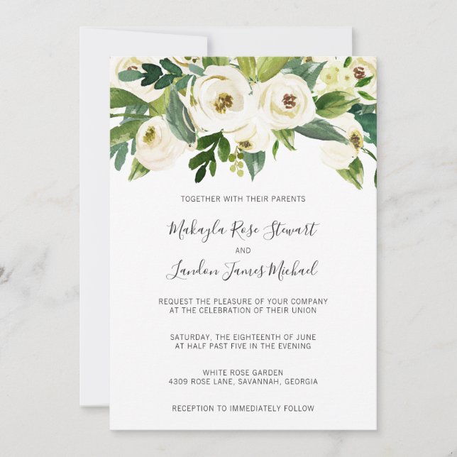 Invitación Elegante Boda floral de rosas blancas verdes (Anverso)