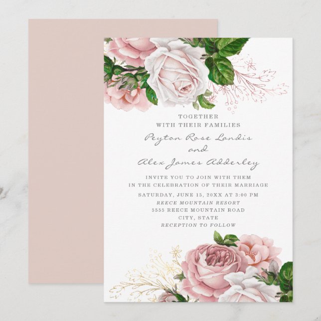 Invitación Elegante Boda floral de Rosas de cosecha rosa Rubo (Anverso / Reverso)