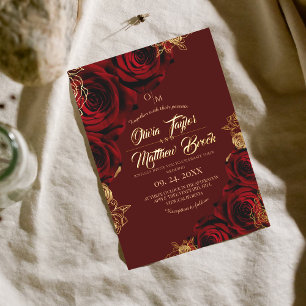 Invitación Elegante Boda Floral de Rosas Rojas Borgoña y Dora