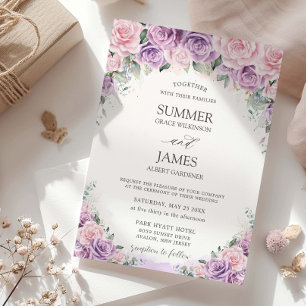Invitación Elegante Boda floral de rosas rosadas de lino púrp