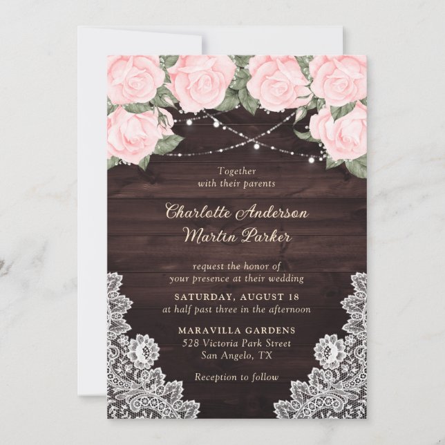 Invitación Elegante Boda floral de Rubor Rustic Wood Lace (Anverso)