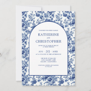 Invitación Elegante Boda floral de toile azul del país francé
