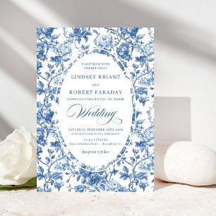 Invitación Elegante boda floral de toile de Jouy de rosa nava
