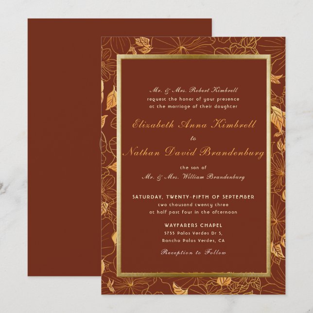 Invitación Elegante Boda floral de tono de tierra Terracotta  (Anverso / Reverso)