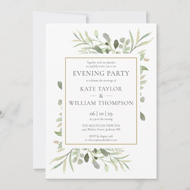 Invitación Elegante Boda floral de vegetación Fiesta de noche (Anverso)