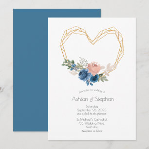 Invitación Elegante Boda floral del corazón del oro azul
