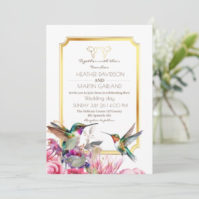 Invitación Elegante Boda floral del Jardín de Oro Aves (Anverso de pie)