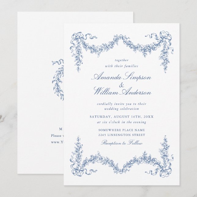Invitación Elegante Boda floral del Jardín francés azul barro (Anverso / Reverso)