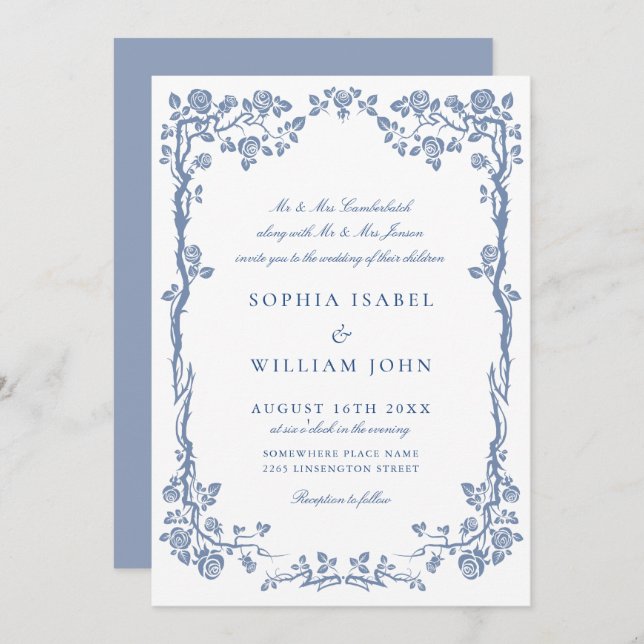 Invitación Elegante Boda floral del Jardín francés azul barro (Anverso / Reverso)