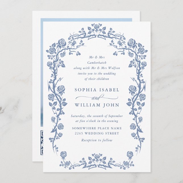 Invitación Elegante Boda floral del Jardín francés azul barro (Anverso / Reverso)