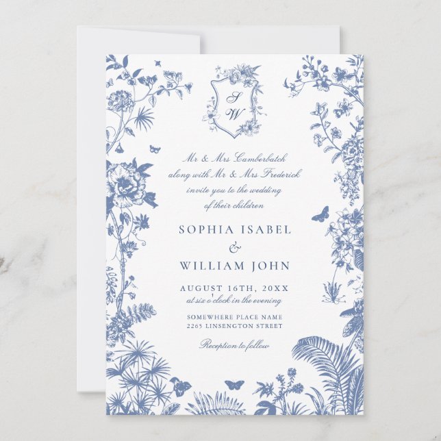Invitación Elegante Boda floral del Jardín francés azul barro (Anverso)