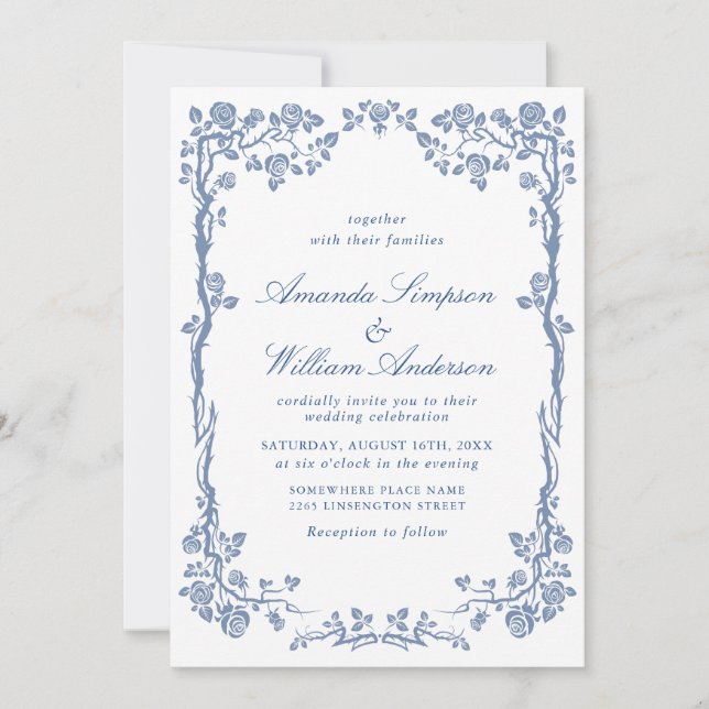 Invitación Elegante Boda floral del Jardín francés azul barro (Anverso)