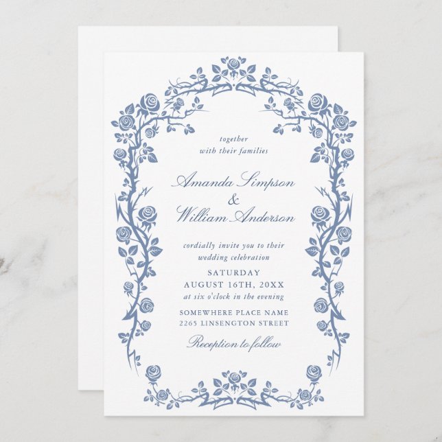 Invitación Elegante Boda floral del Jardín francés azul barro (Anverso / Reverso)