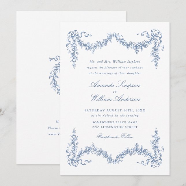 Invitación Elegante Boda floral del Jardín francés azul barro (Anverso / Reverso)