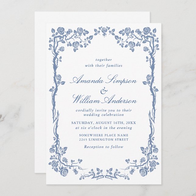Invitación Elegante Boda floral del Jardín francés azul barro (Anverso / Reverso)