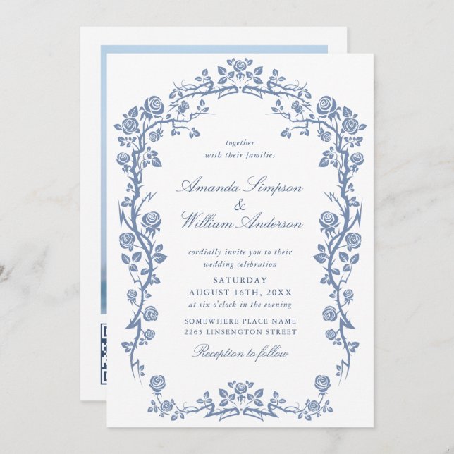 Invitación Elegante Boda floral del Jardín francés azul barro (Anverso / Reverso)