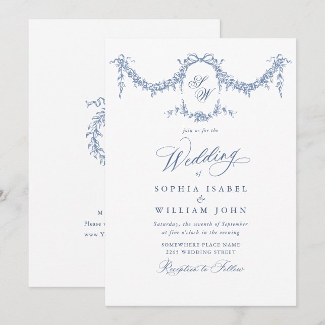 Invitación Elegante Boda floral del Jardín francés azul barro (Anverso / Reverso)