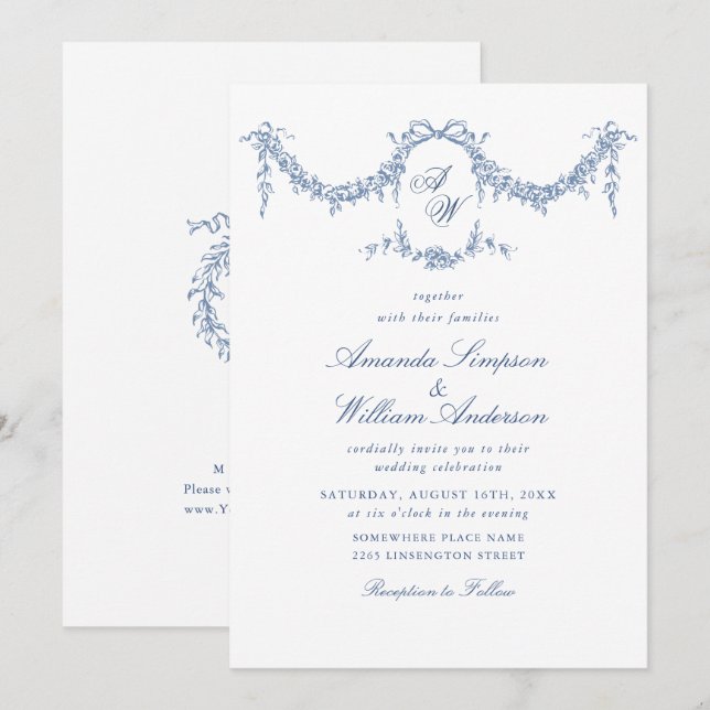 Invitación Elegante Boda floral del Jardín francés azul barro (Anverso / Reverso)