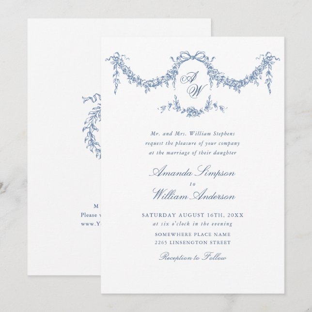 Invitación Elegante Boda floral del Jardín francés azul barro (Anverso / Reverso)