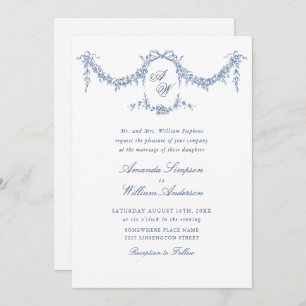 Invitación Elegante Boda floral del Jardín francés azul barro