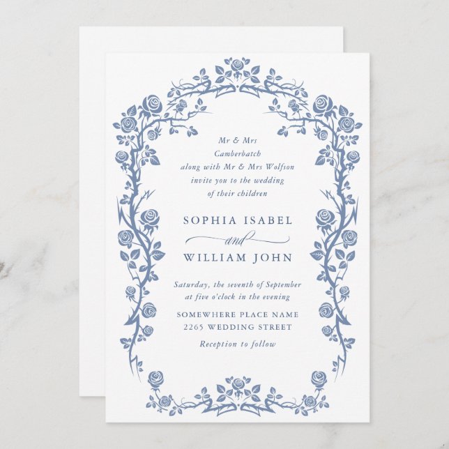 Invitación Elegante Boda floral del Jardín francés azul barro (Anverso / Reverso)