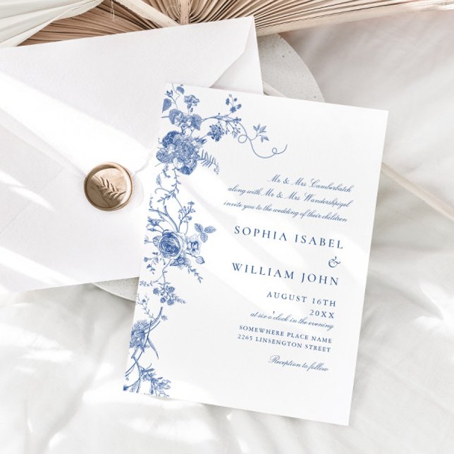 Invitación Elegante Boda floral del Jardín francés azul barro (Subido por el creador)