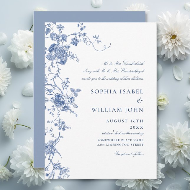 Invitación Elegante Boda floral del Jardín francés azul barro (Subido por el creador)