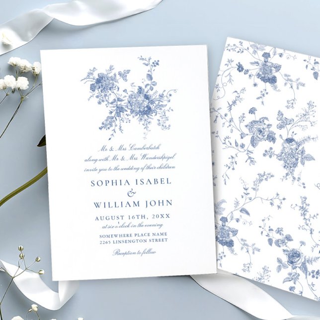 Invitación Elegante Boda floral del Jardín francés azul barro (Subido por el creador)