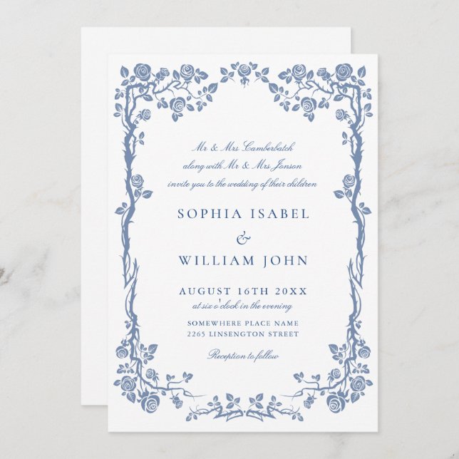 Invitación Elegante Boda floral del Jardín francés azul barro (Anverso / Reverso)