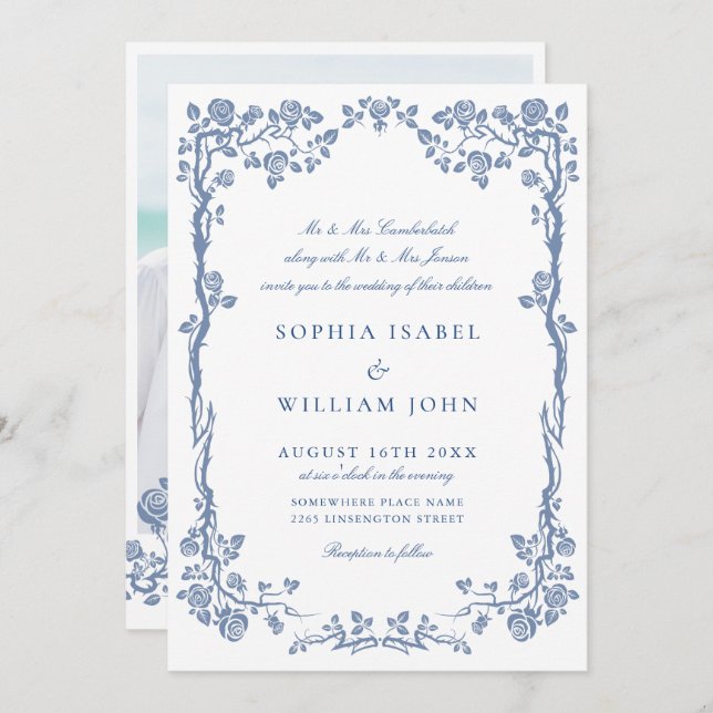 Invitación Elegante Boda floral del Jardín francés azul barro (Anverso / Reverso)